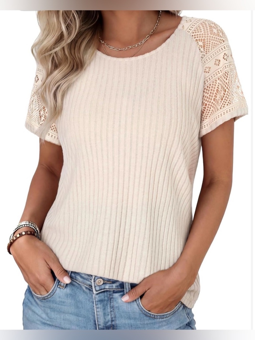 NWT~ Women’s Top~ Cream w/Lace Knit Sleeves